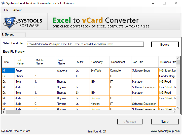 preview of excel contacts